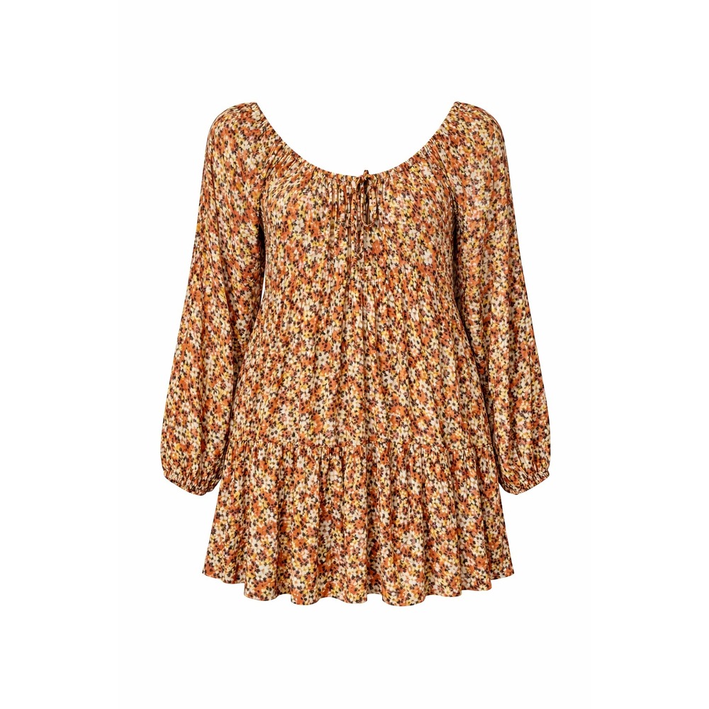 Billabong Womens Orange Floral Babydoll Mini Dress Tiered Long Sleeve Size L